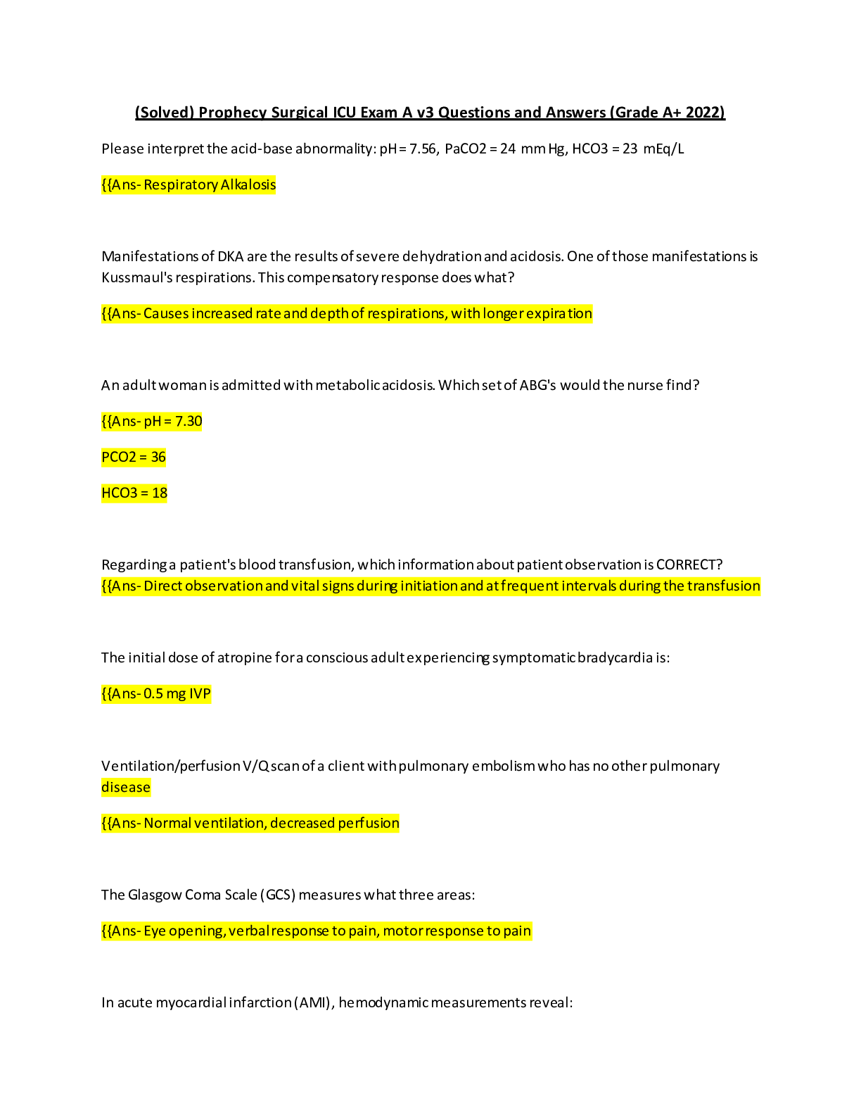 Preview image for (Solved) Prophecy Surgical ICU Exam A v3 Questions and Answers (Grade A+ 2022)